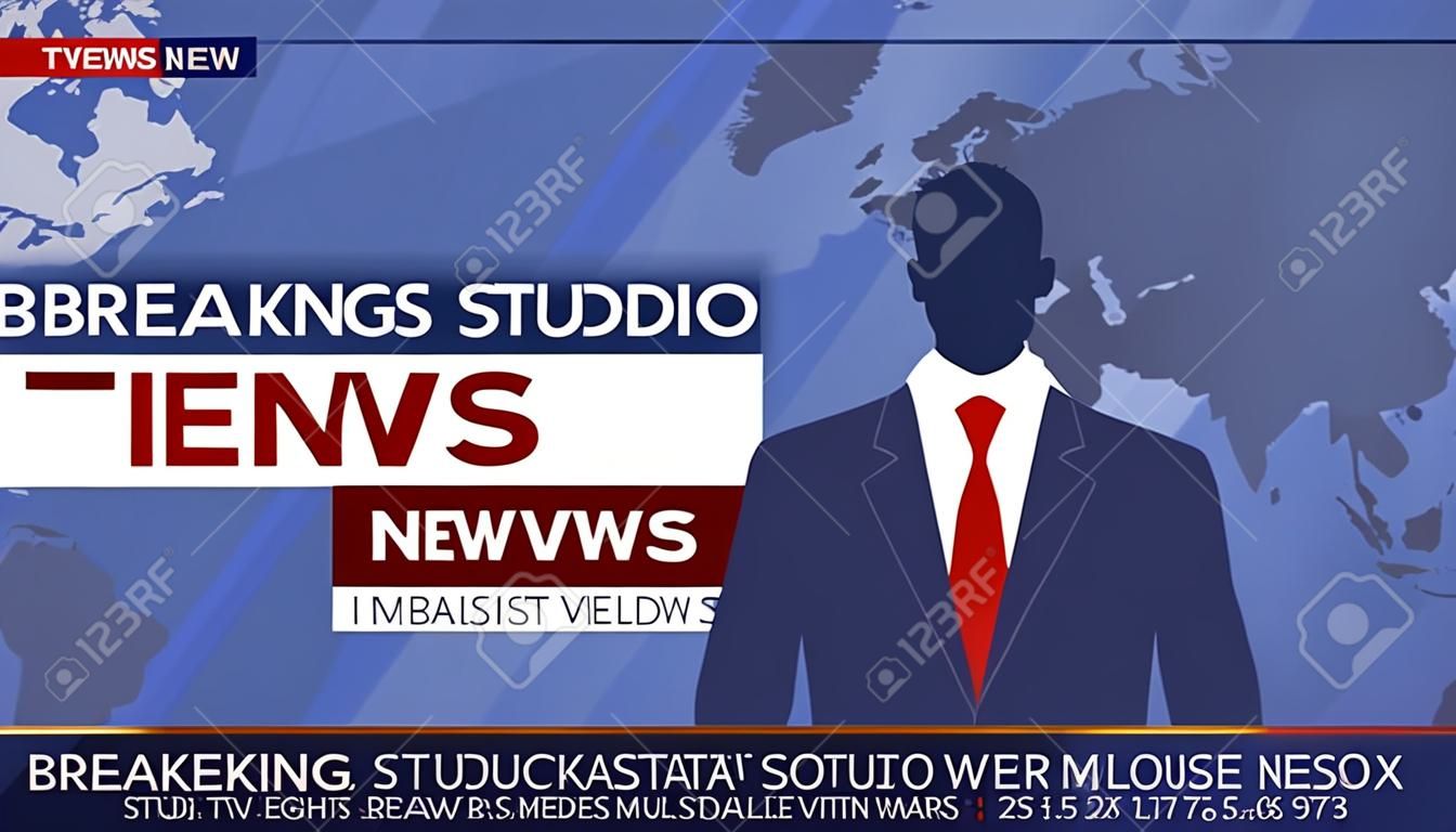 TV news studio with broadcaster and breaking world background vector illustration. Breaking news on tv, broadcasting journalist