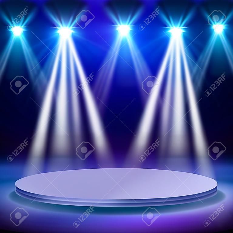 スポットライト照明のコンサートステージ。パフォーマンスベクトルの背景を表示します。ショーイルミネーションイラストのスポットライト付きステージ
