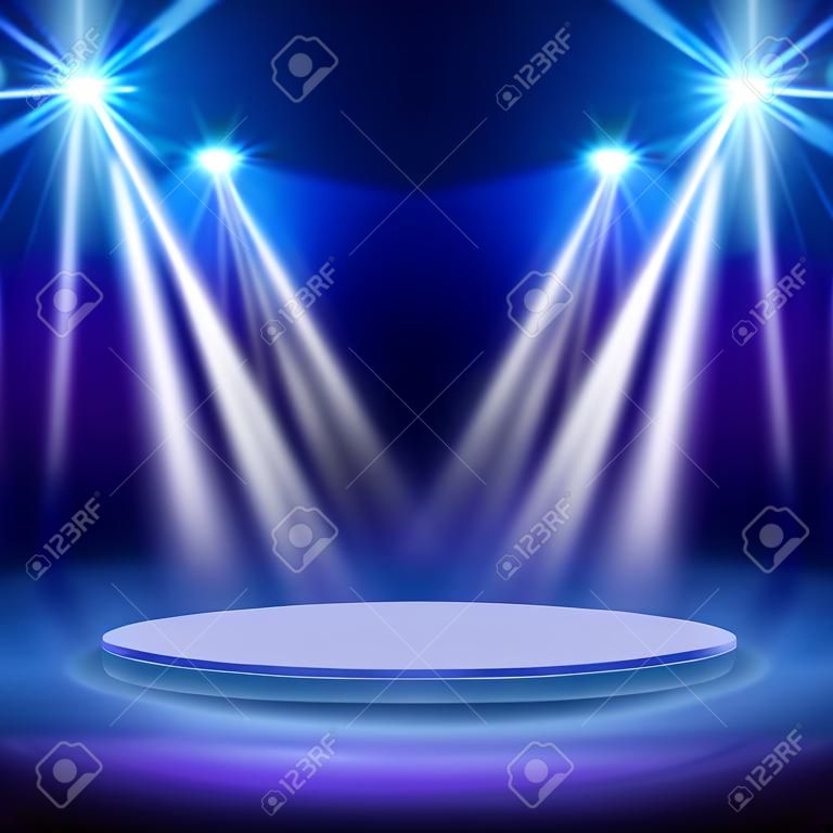 スポットライト照明のコンサートステージ。パフォーマンスベクトルの背景を表示します。ショーイルミネーションイラストのスポットライト付きステージ