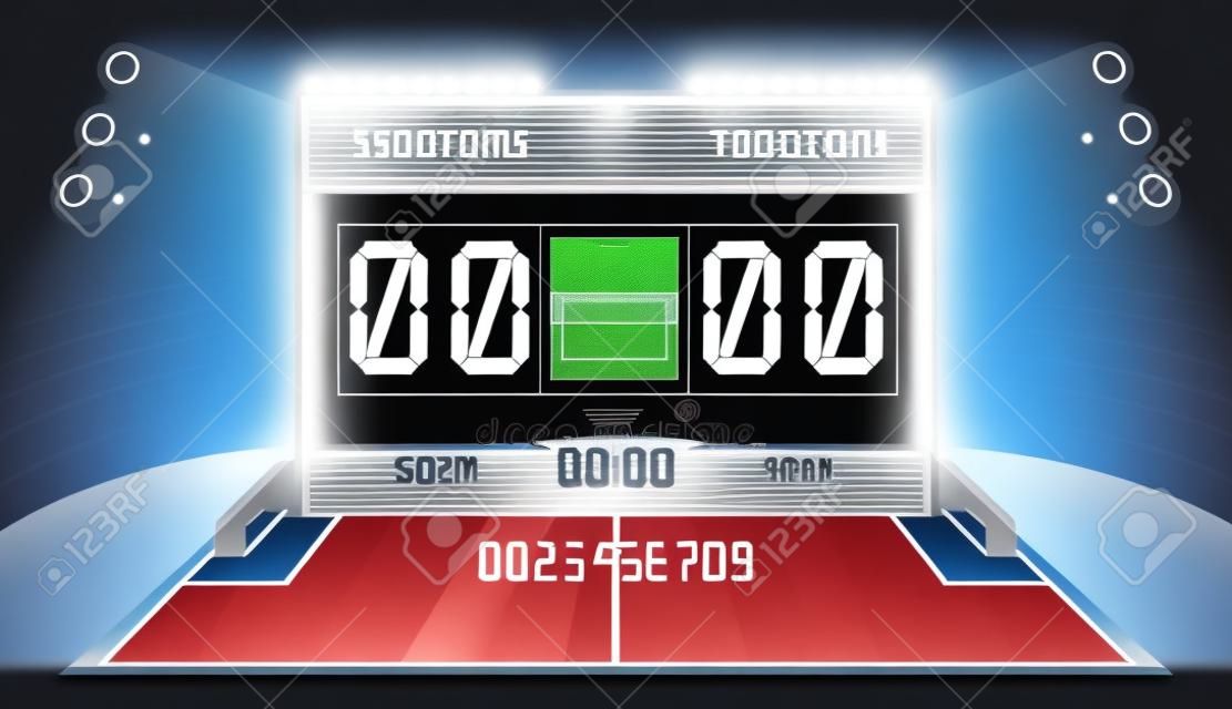 Elektronische Sportanzeigetafel des Stadions mit Fußballzeit und Fußballspiel-Ergebnisanzeigevektorillustration