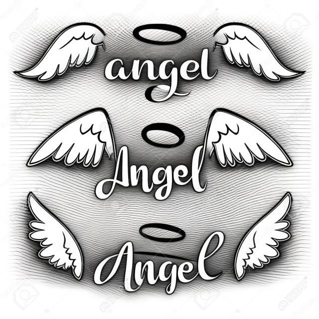 Doodle flying angel wings with halo. Sketch angelic wings. Freedom and religious tattoo vector design isolated on white background. Feather wing flying, heavenly and angelic emblem illustration