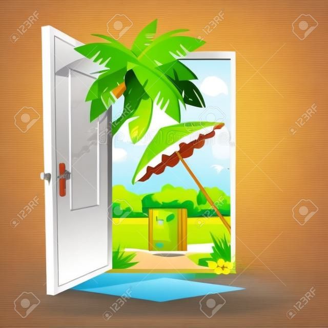 Opened spring door. Open entrance with summer landscape outdoor. Welcome and travel vector illustration. Summer travel in door open