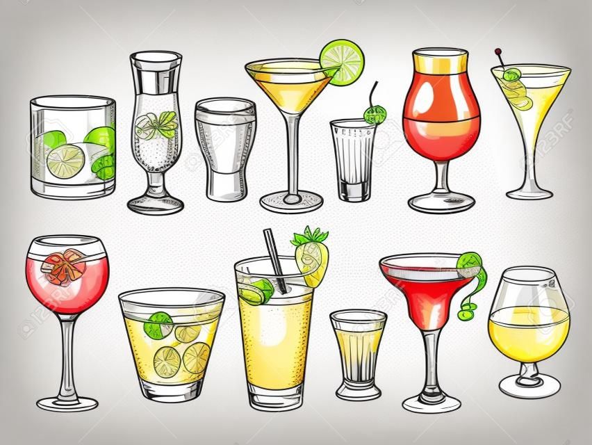 Ręcznie rysowane koktajl. napoje alkoholowe w szklankach. szkic soku, margarita martini. koktajl z rumem, zestaw wektorów whisky gin. ilustracja szkicu alkoholu, soku i napoju koktajlowego