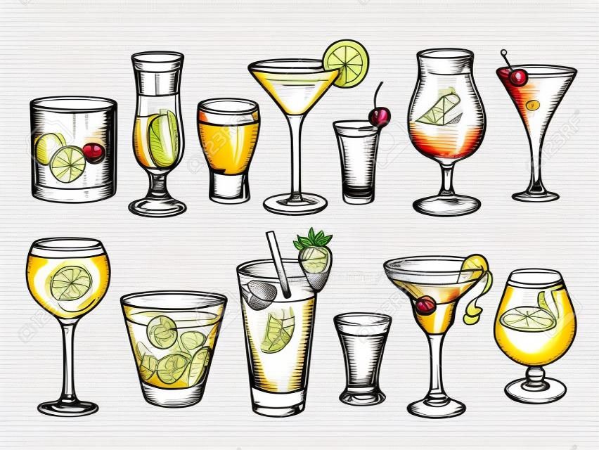 Hand drawn cocktail. Alcoholic drinks in glasses. Sketch juice, margarita martini. Cocktail with rum, gin whiskey vector set. Illustration of alcohol sketch, juice and drink cocktail