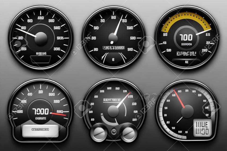 Car speedometers. Racing speedometer, speed scales in auto. Car dashboard, fast accelerate interface. Abstract motorbike, vehicle recent vector elements. Illustration of measurement control dashboard