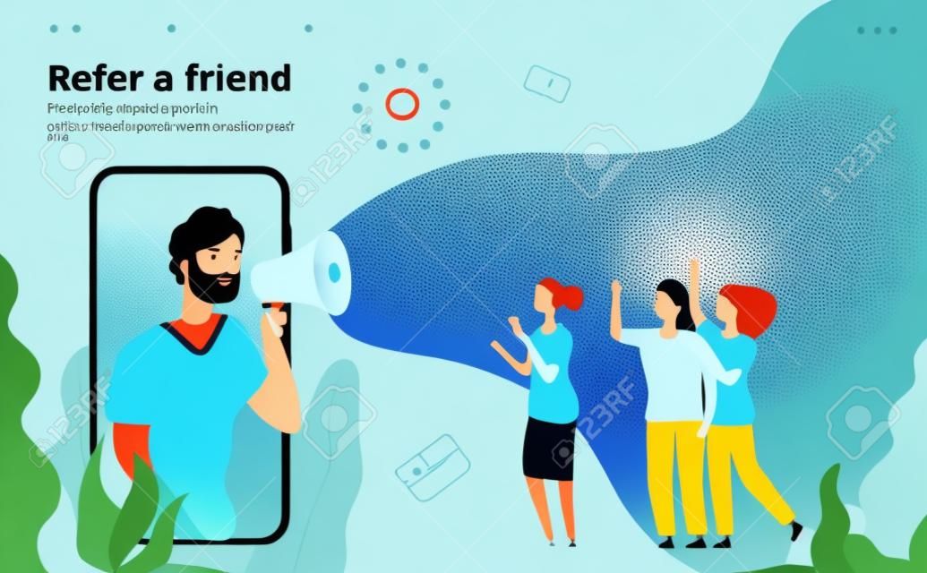 Refer a friend. People shouting on megaphone with refer a friend word, friends recommend landing page vector design. Illustration refer friend, advertising announcement, referring online