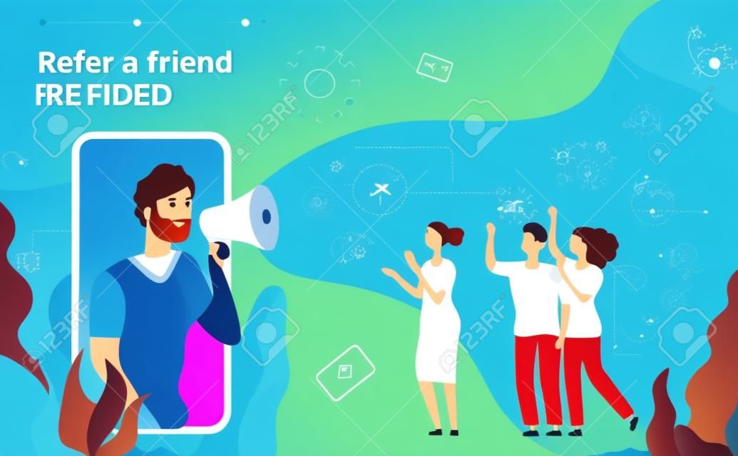 Refer a friend. People shouting on megaphone with refer a friend word, friends recommend landing page vector design. Illustration refer friend, advertising announcement, referring online