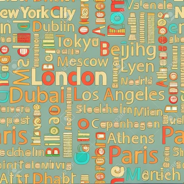 Städte der Welt nahtlose Muster. Die Namen der Städte der Welt. Vektormusterhintergrund der Kunst nahtloser mit Namen von Städten. Nahtloses Muster mit Namen der Städte.
