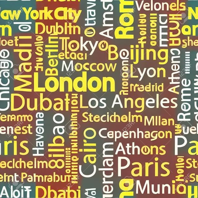 Städte der Welt nahtlose Muster. Die Namen der Städte der Welt. Vektormusterhintergrund der Kunst nahtloser mit Namen von Städten. Nahtloses Muster mit Namen der Städte.