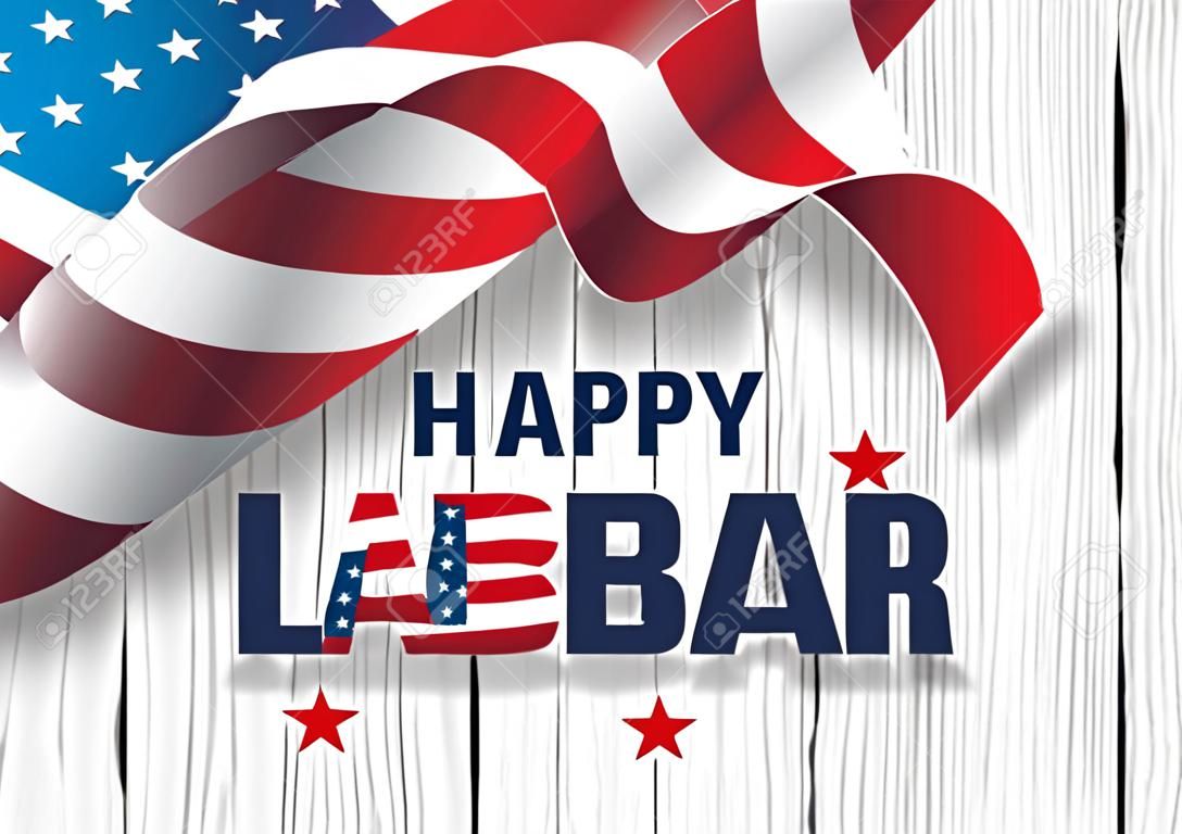 amerikai zászló lengetése tipográfiával Labor Day, szeptember 7 Boldog Labor Day ünnepi banner ecsetvonás háttérrel az Egyesült Államok nemzeti zászló színei és a kézi betűkkel szöveggrafika.