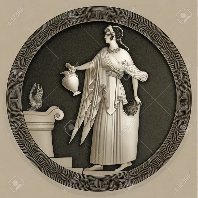 Древнегреческая богиня Афродита с кувшином в руках. Опираясь на вазу на черном фоне.
