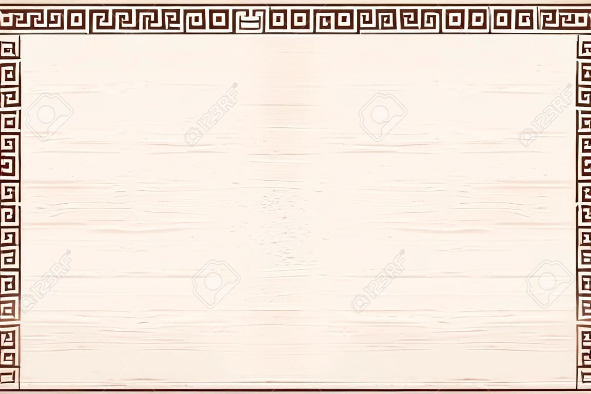 Ancient Greek background with two columns and a national ornament. Old beige papyrus with the aging effect.