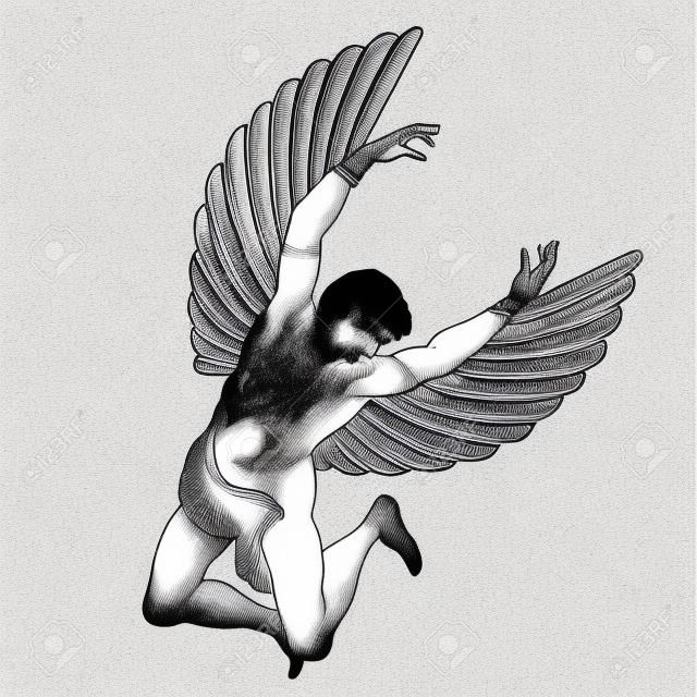 L'eroe dell'antico mito greco Icaro con le ali vola nel cielo. Disegno nero isolato su sfondo bianco