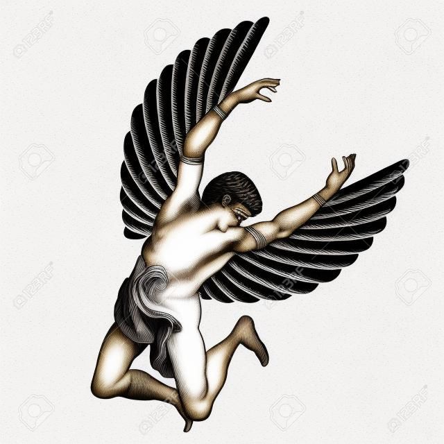 De held van de oude Griekse mythe Icarus met vleugels vliegt in de lucht. Zwarte tekening geïsoleerd op witte achtergrond