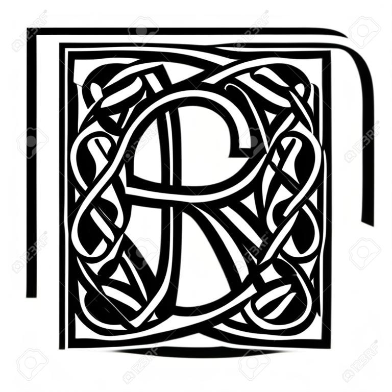 Letter R with Celtic ornament.