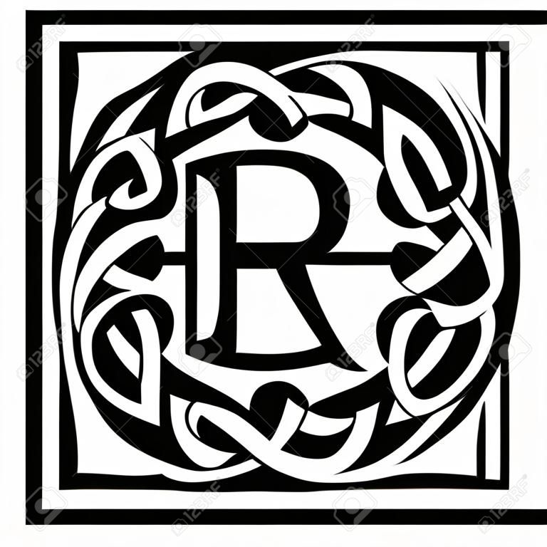 Letter R with Celtic ornament.