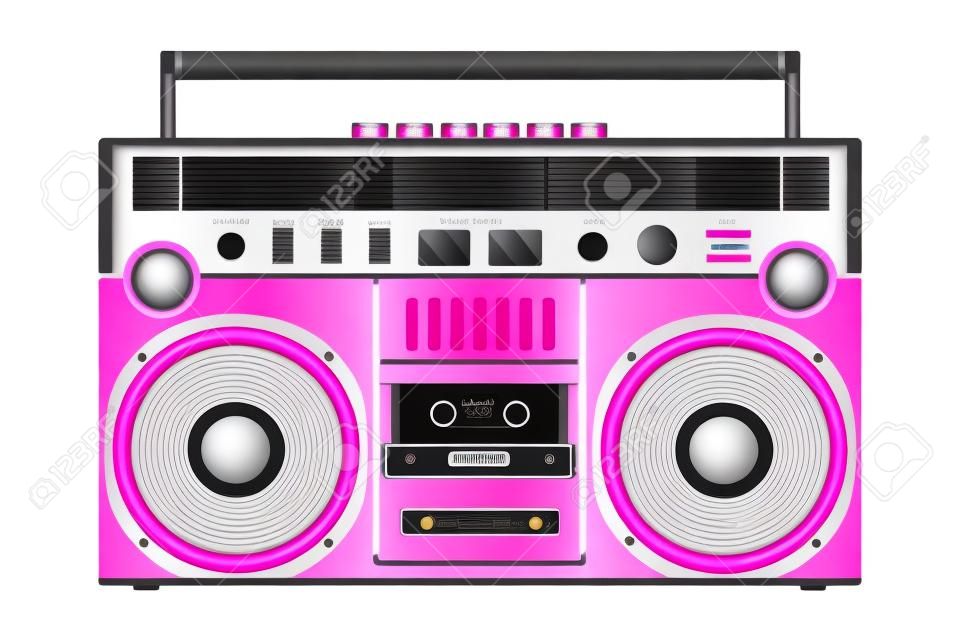 Vetorial velho gravador de fita de cor rosa para empurrar música com dois alto-falantes isolados no fundo branco.