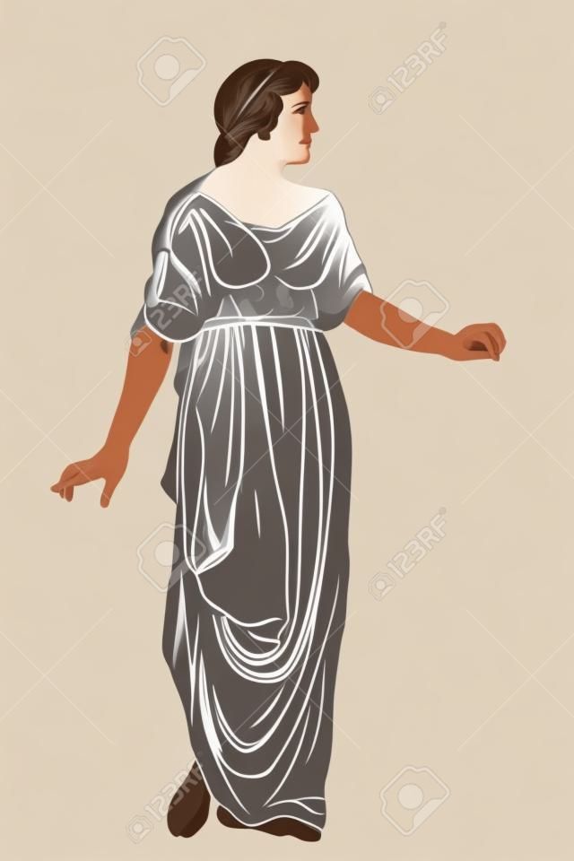 An ancient Greek woman in a tunic and barefoot stands and looks away. Vector image isolated on white background.