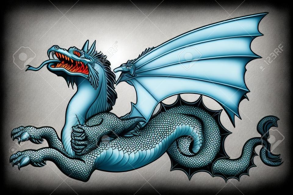 Dragon with wings, open mouth and protruding tongue. Vector drawing in the style of medieval engraving.