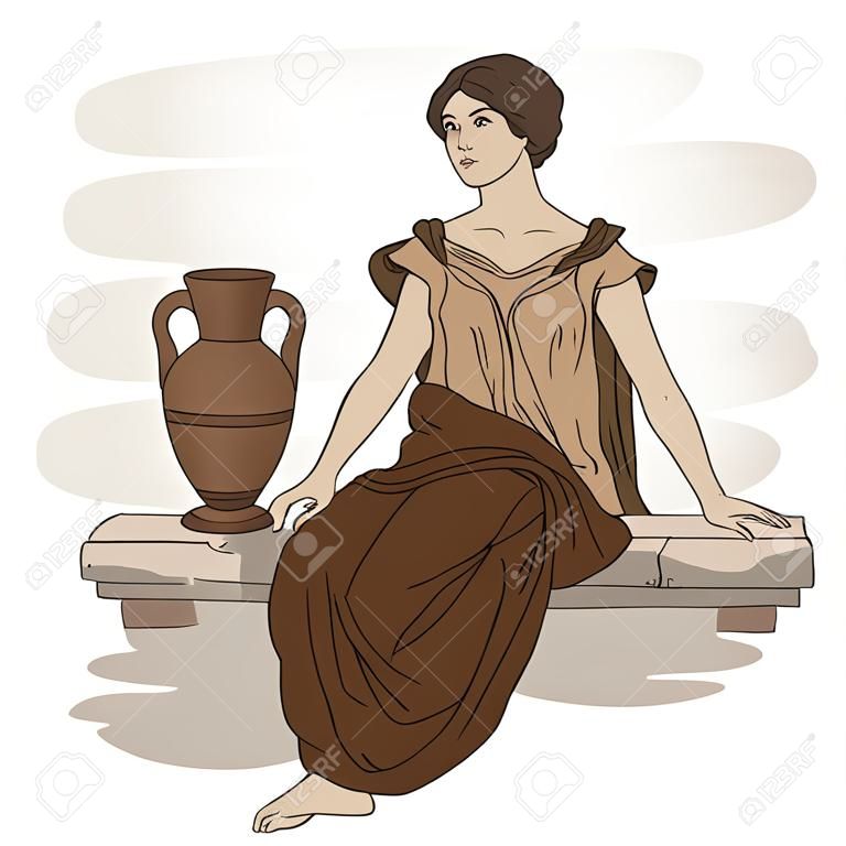 Una giovane donna snella con un'antica tunica greca siede su un parapetto di pietra accanto a una brocca di vino e fa dei gesti.