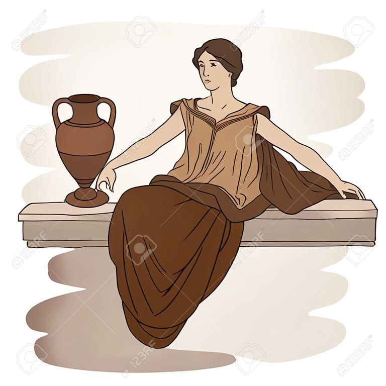 Una giovane donna snella con un'antica tunica greca siede su un parapetto di pietra accanto a una brocca di vino e fa dei gesti.