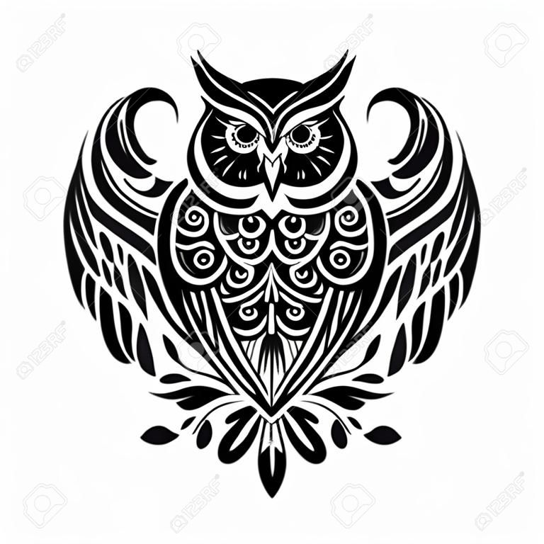 Regal owl with intricate wing patterns. Monochromatic vector illustration suitable for nature, wildlife, tattoo, and ornamental designs.