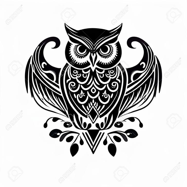 Regal owl with intricate wing patterns. Monochromatic vector illustration suitable for nature, wildlife, tattoo, and ornamental designs.