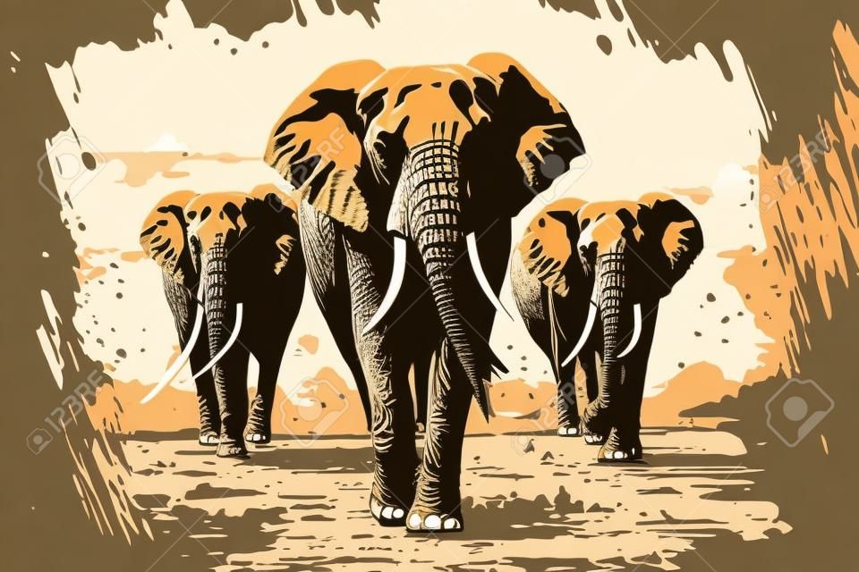 Savannah trio een vectorillustratie in grunge-stijl van drie majestueuze Afrikaanse olifanten die door de uitgestrekte savanne slenteren, perfect voor natuurdieravontuurontwerpen