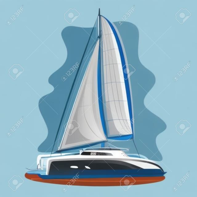 Logo wektor katamaran żaglowy, jachtu, Sailer, slup, Statek, Żaglowiec, pływających błękitne morze, ocean, fale. Cartoon katamaran żaglowy, lato morze regaty, jachting ekstremalny wyścig sport, morze podróże żeglarstwo