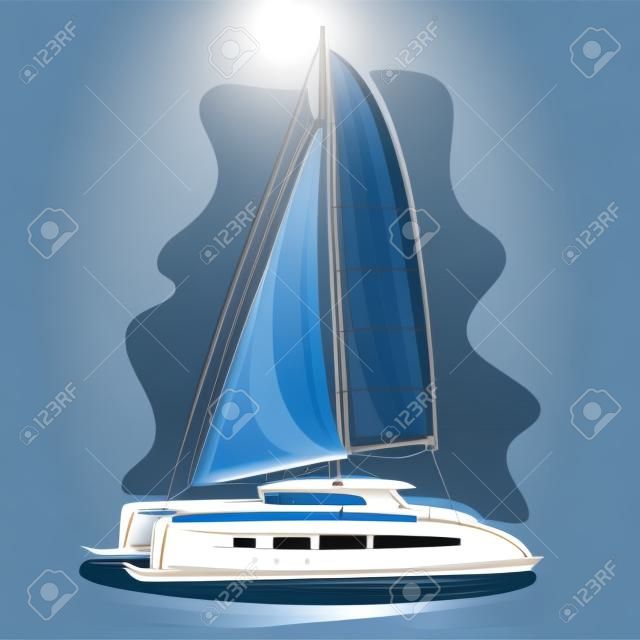 Vector logo zeil catamaran, zeilboot, zeilboot, sloep, schip, zeilboot, drijvende blauwe zee, oceaan, golven. Cartoon zeilcatamaran, zee zomer regatta, jacht extreme sport race, zee zeilen reizen
