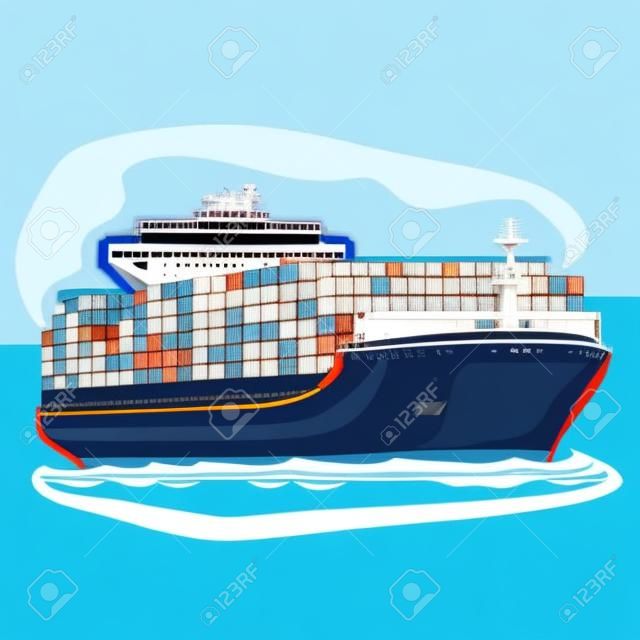 컨테이너 선박 캐리어의 벡터 일러스트 레이 션 상품, 건조화물 바다로 구성되어 상선 선박 컨테이너로드, 파란색 배경에 바다 파도에 떠있는