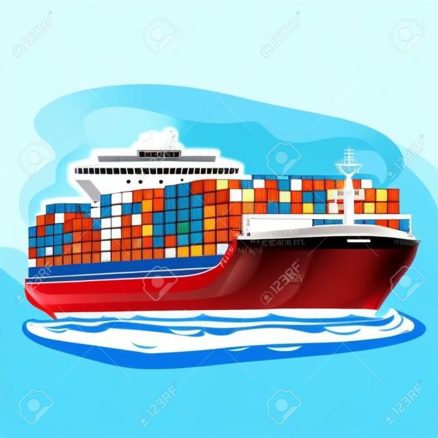 Vector illustration of container ship carrier carry goods, consisting of dry cargo ocean merchant vessel container load, floating on the sea waves close-up on blue background
