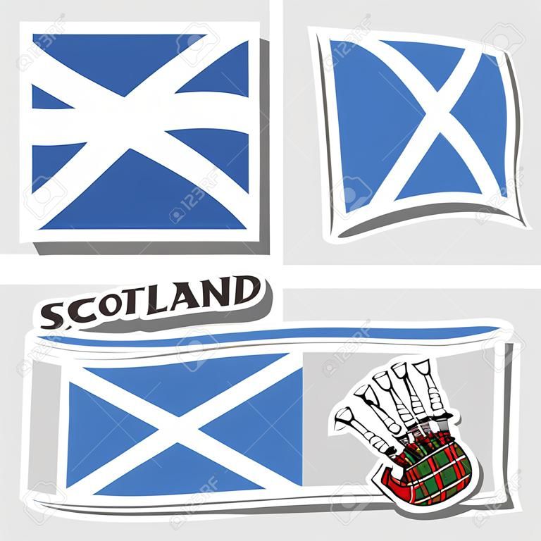 Vector logo for Scotland, 3 isolated illustrations: Inveraray Castle in Argyll on background of national state flag, symbol of Scotland and scottish flag beside bagpipes stewart tartan close-up