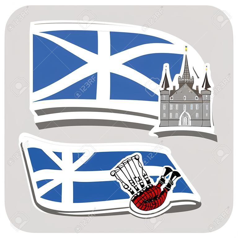 Вектор логотип для Шотландии, 3 изолированные иллюстрации: Inveraray Замок в Аргайл на фоне национального государственного флага, символ Шотландии и шотландской флаг рядом с волынкой Stewart клетчатого крупным планом