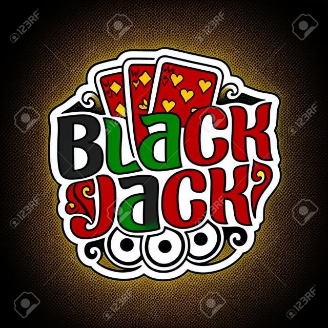 Vector logo Black Jack: three playing cards 7 different suits for gambling game Blackjack, chips for casino, 3 card for blackjack on geometric pattern background, lettering on black jack gamble theme.