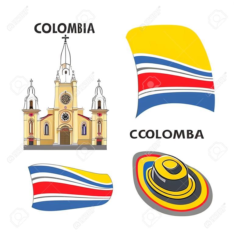 Vector logo Kolumbia, 3 izolált képek: Jesus Nazareno templom Medellin háttérben kolumbiai nemzeti állami zászlót, jelképe kolumbiai Köztársaság - kalap sombrero vueltiao, zászlók Kolumbia országban.