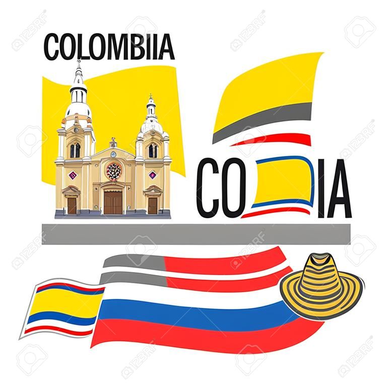 Векторные иллюстрации Колумбия, 3 изолированные изображения: Иисус Nazareno церкви в Медельине на фоне колумбийского национального государственного флага, символ Колумбии - шляпа sombrero vueltiao, флаги страны colombia.