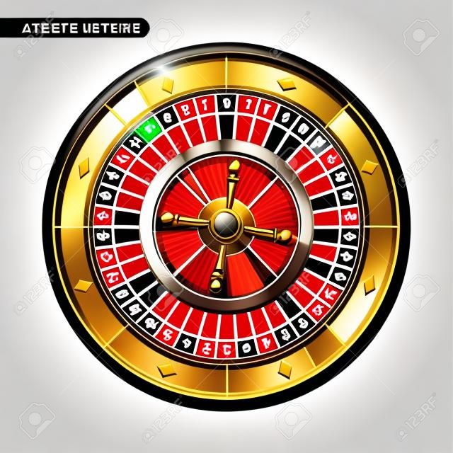 Vector illustration of Roulette Wheel: american roulette with double zero and golden wheel for online casino, top view, isolated on white background, roulette logo for gambling with text, gamble icon.
