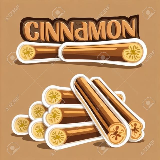 Vector illustrations for Cinnamon spice, brown roll sticks of culinary condiment, heap of group cooking indian cinamon quills, ingredient for baking dessert, label with title text - cinnamon on white.
