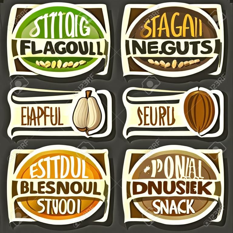 Vector Set of Nuts labels with text: 10 minimal signs of nuts fruit isolated on black background, set of cartoon simple stickers nut in nutshell for packing with original font, tags for snack food.
