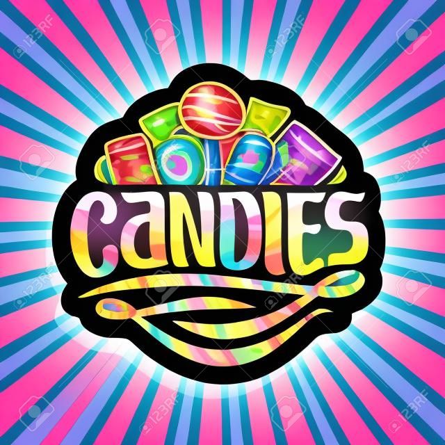 Vector logo for Candies, on dark sticker 5 wrapped sweets in colorful plastic package up, original brush typeface for word candies and swirls rainbow colored down, on pink background of rays of light.