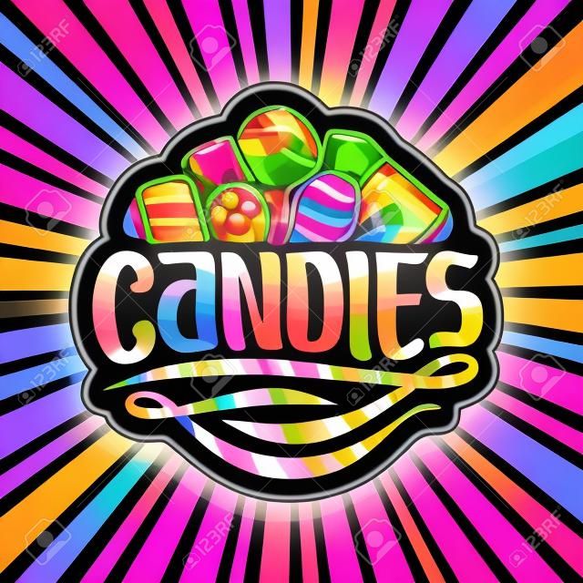 Vector logo for Candies, on dark sticker 5 wrapped sweets in colorful plastic package up, original brush typeface for word candies and swirls rainbow colored down, on pink background of rays of light.
