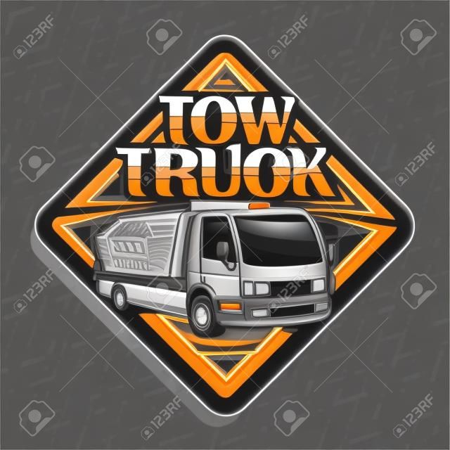 견인 트럭의 벡터 로고, 작업장에서 고정된 차를 견인하는 주황색 경보등이 있는 대피기의 삽화가 있는 검정 스티커, 회색 배경에 견인 트럭이라는 단어의 원래 글자가 있는 레이블.