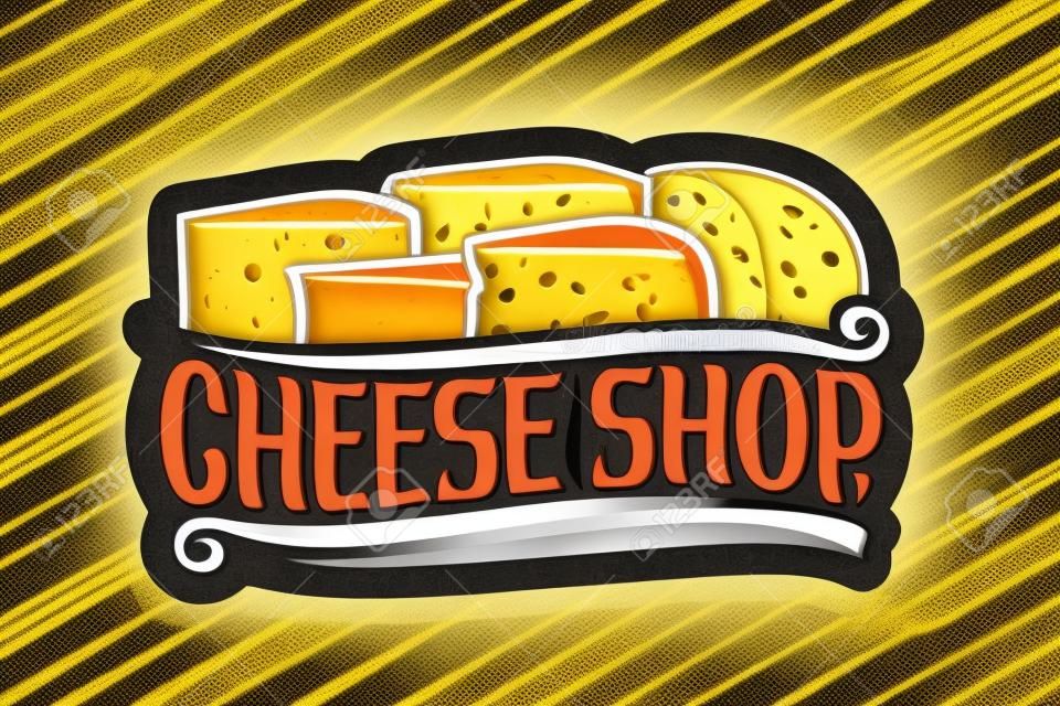Negozio di formaggi, etichetta decorativa scura con illustrazione di molte fette di formaggio diverse, cartello di design con carattere tipografico originale di pennello per negozio di formaggio di parole su sfondo giallo astratto.