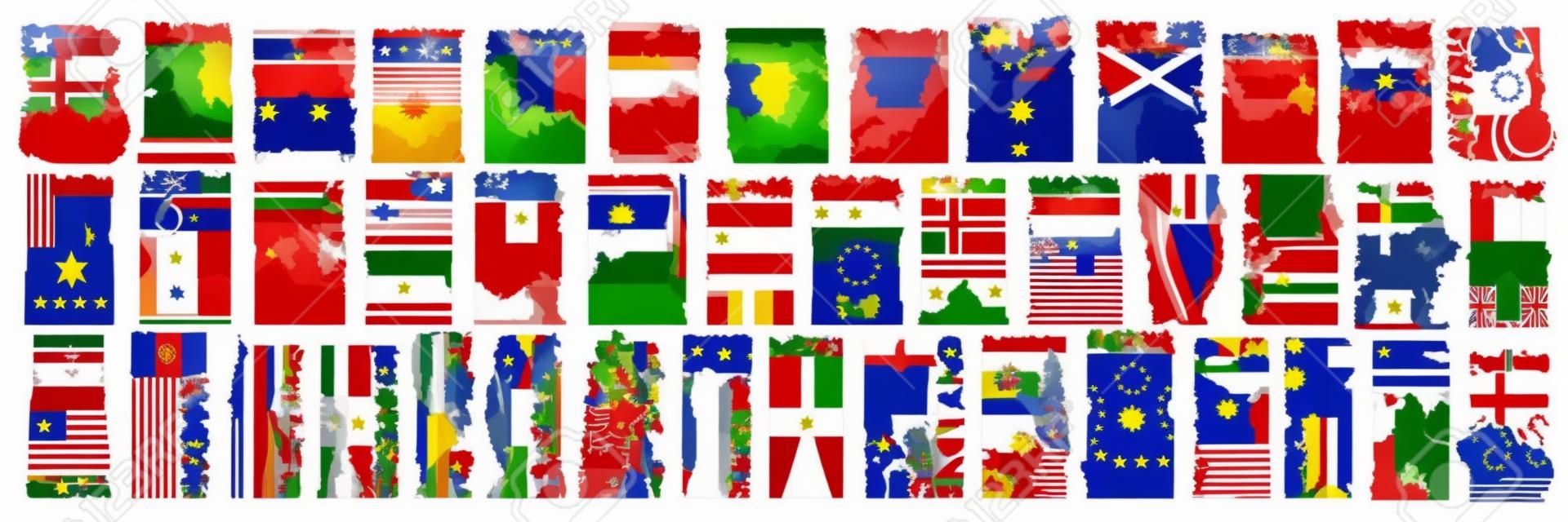 Vector set of European Countries with flags and symbols, 43 isolated vertical labels with national state flags and brush font for different words, art design stickers for european independence day.