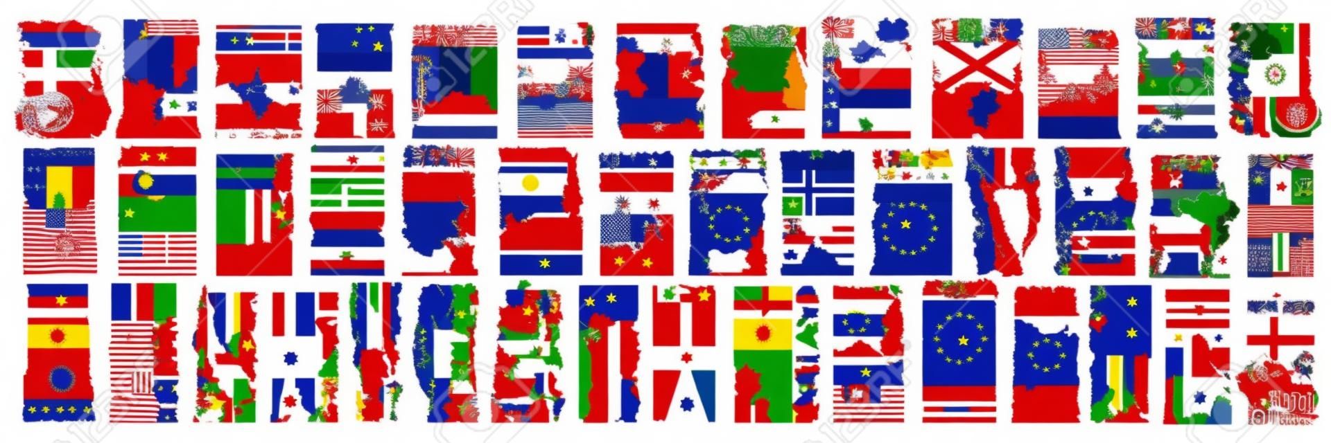 Vector conjunto de países europeos con banderas y símbolos, 43 etiquetas verticales aisladas con banderas estatales nacionales y fuente de pincel para diferentes palabras, pegatinas de diseño de arte para el día de la independencia europea.