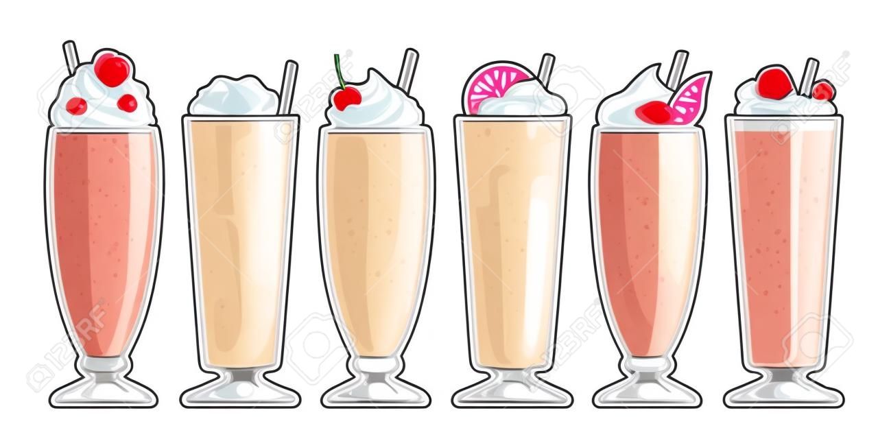 Vector Milkshake Set, group of cut out illustrations assorted milkshakes with soft serve ice cream and garnish, banner with collection of 6 milky cocktails in outline tall glasses on white background.