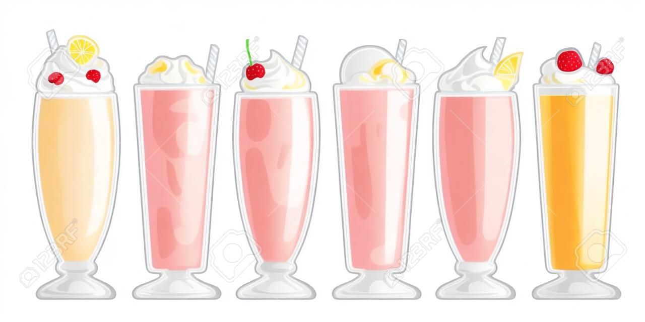 Zestaw wektorowych koktajli mlecznych, grupa wyciętych ilustracji różnych koktajli mlecznych z miękkimi lodami i dodatkami, baner z kolekcją 6 mlecznych koktajli w zarysie wysokich szklanek na białym tle.
