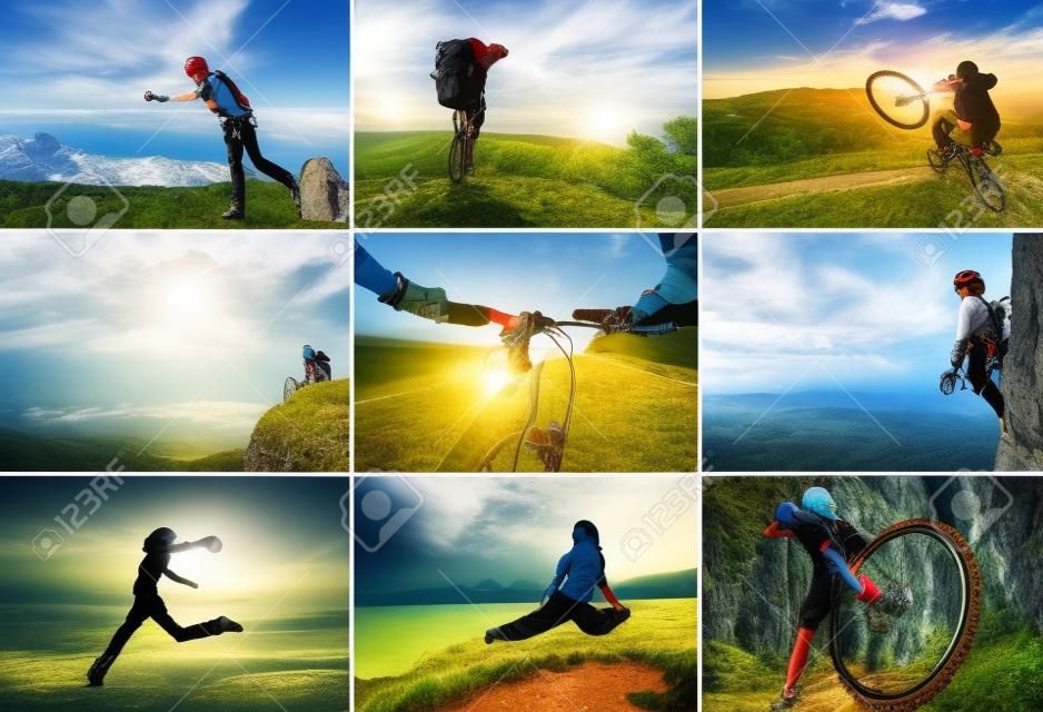 Collage with sport and travel theme. Hiking, cycling, climbing