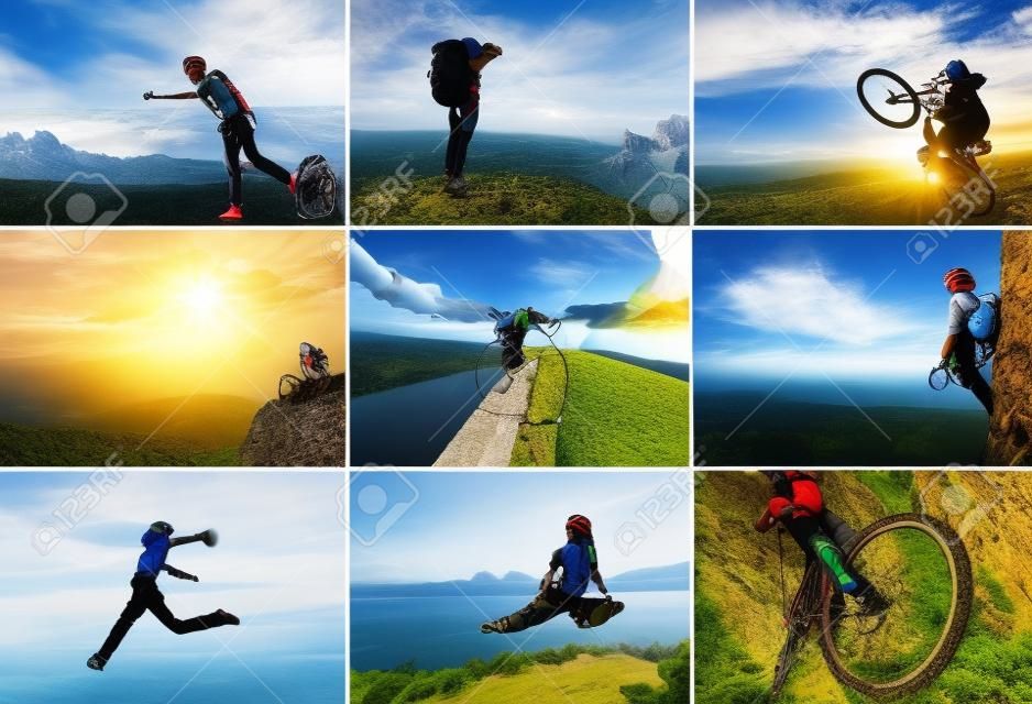 Collage con el deporte y el tema de viajes. Senderismo, ciclismo, escalada
